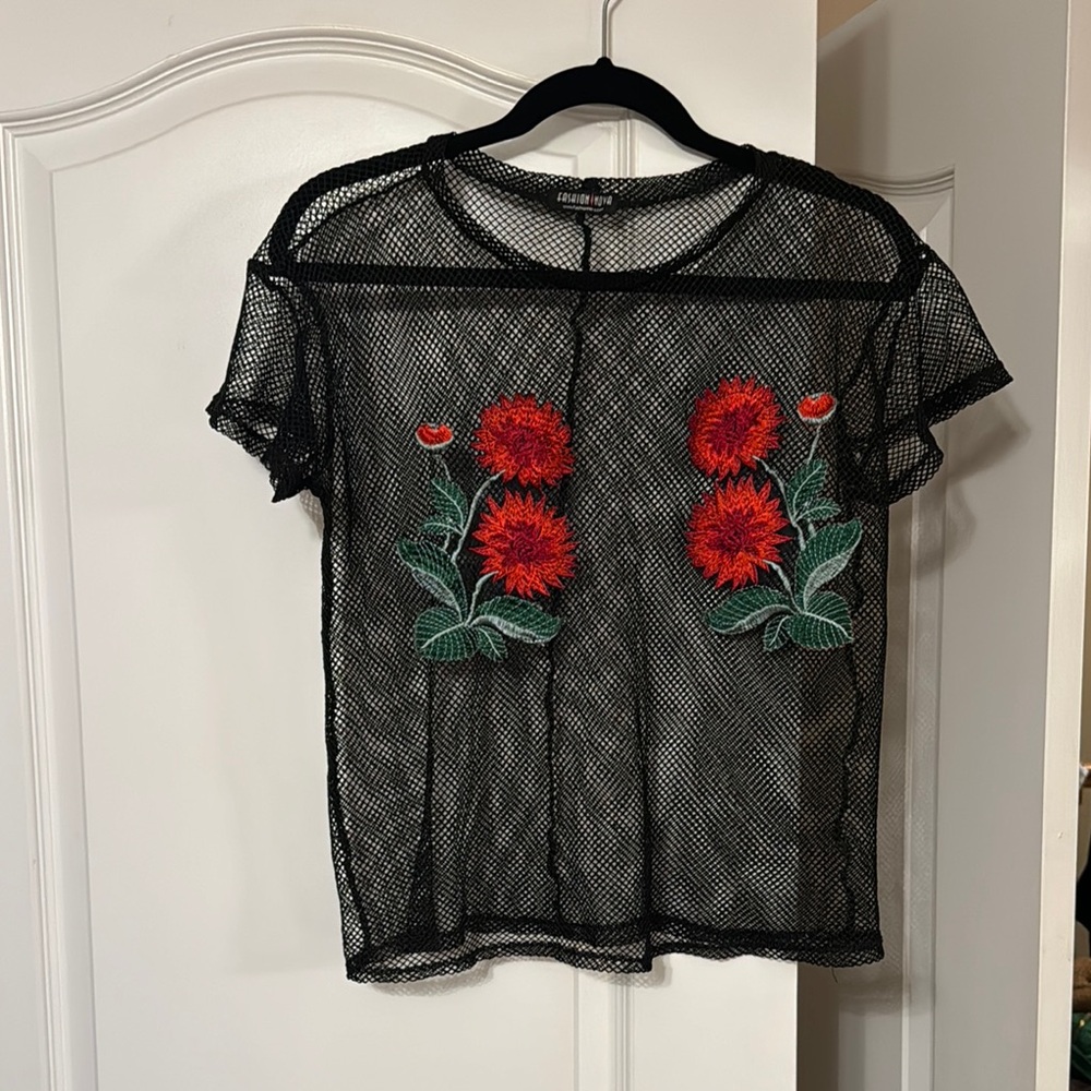 Black Mesh Top with Red Floral Embroidery